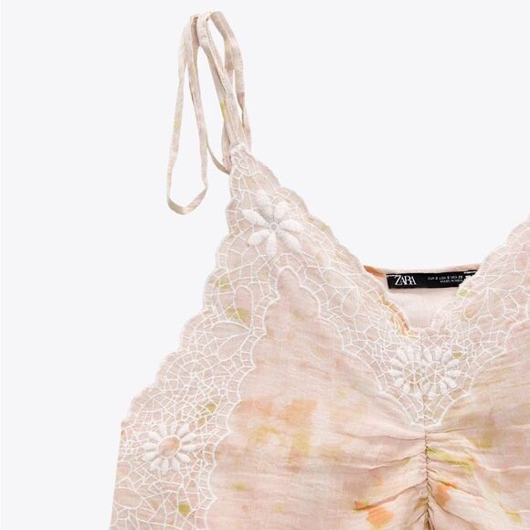 Zara NWT Women’s Pink Embroidered Tie Dye Sleeveless Boho Cami Crop Top Size L - Picture 7 of 12